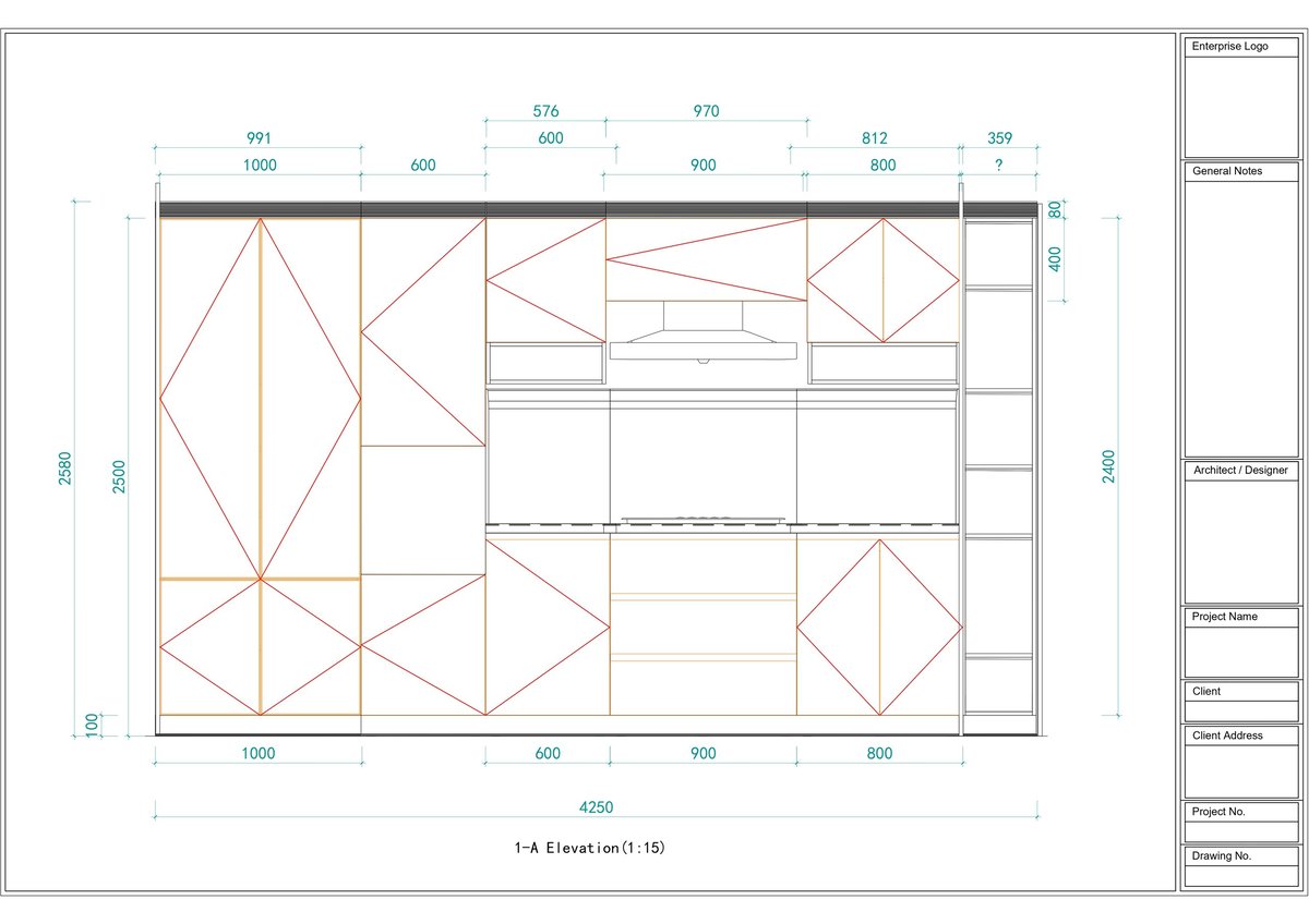 Architectural floor plan showing layout with geometric divisions, measurements in millimeters, and door placements at 1:4 scale