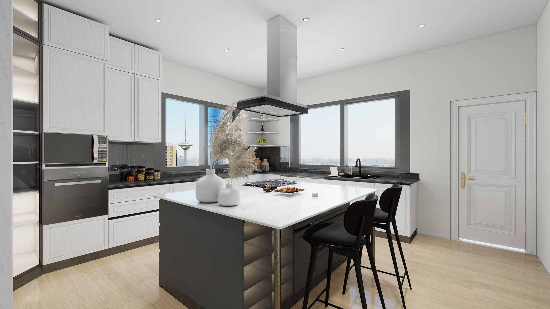 Modern kitchen interior with white and black cabinetry, central island, bar seating, and stainless steel range hood