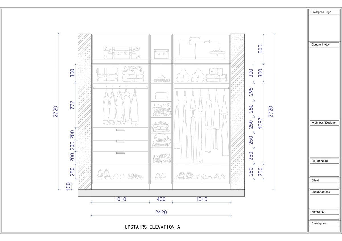 Architectural elevation drawing showing upstairs closet layout with dimensions, shelving, and clothing storage areas