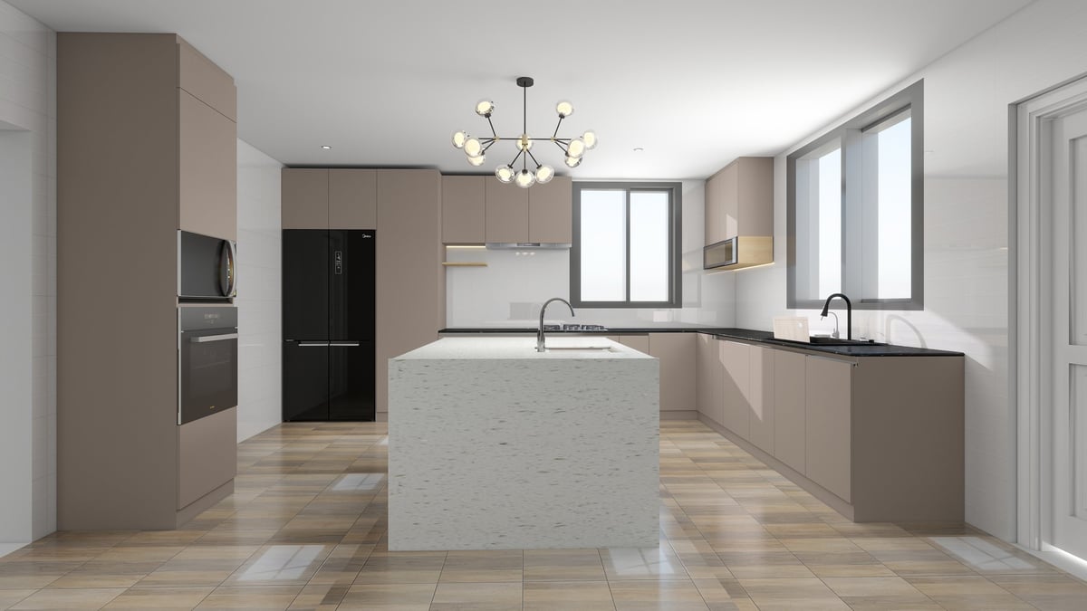Modern kitchen with white island, taupe cabinetry, stainless steel appliances, and tile flooring