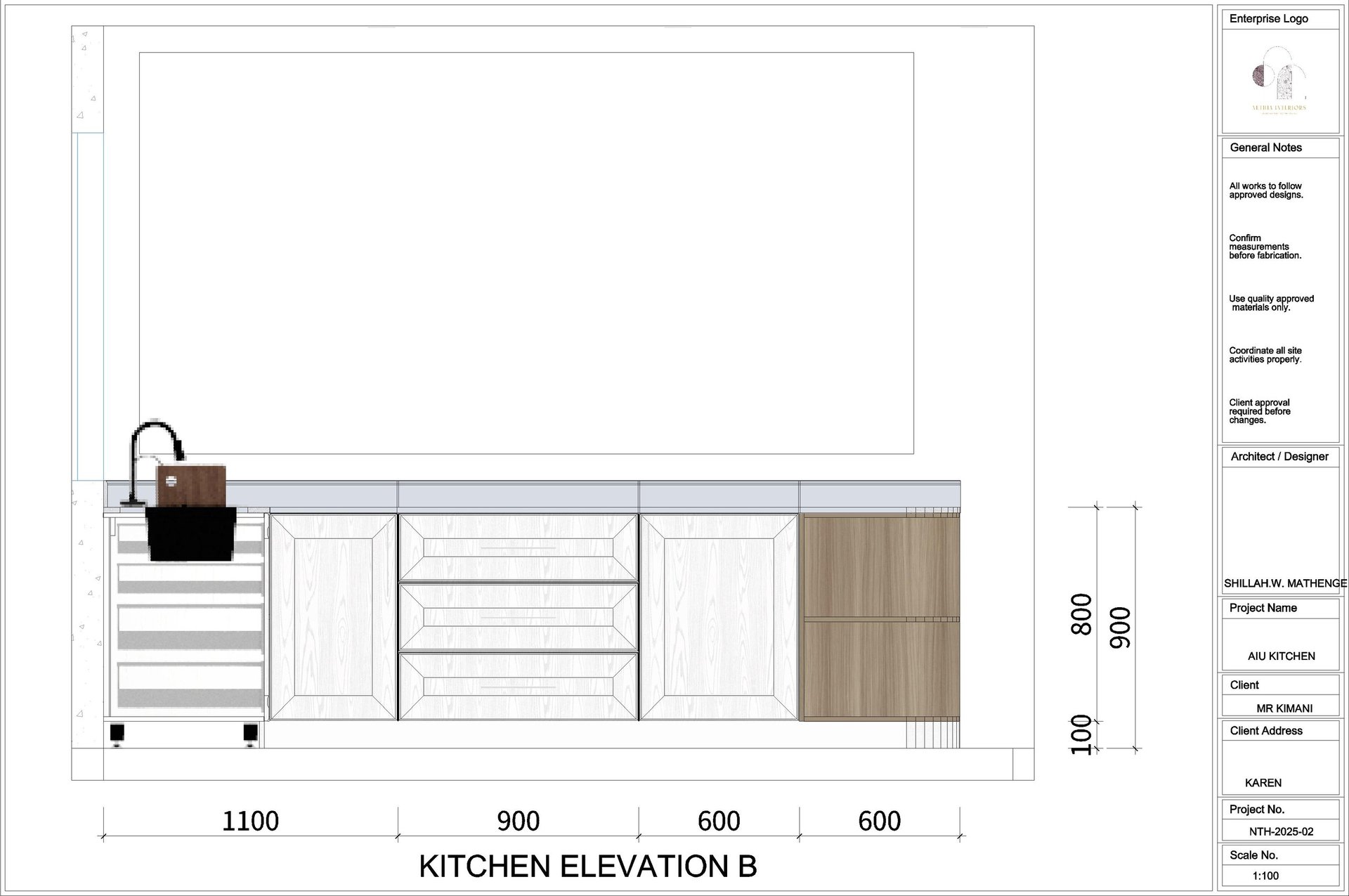 Kitchen elevation B floor plan showing cabinet layout with sink, drawers, and wood-tone cabinetry with measurements in millimeters.