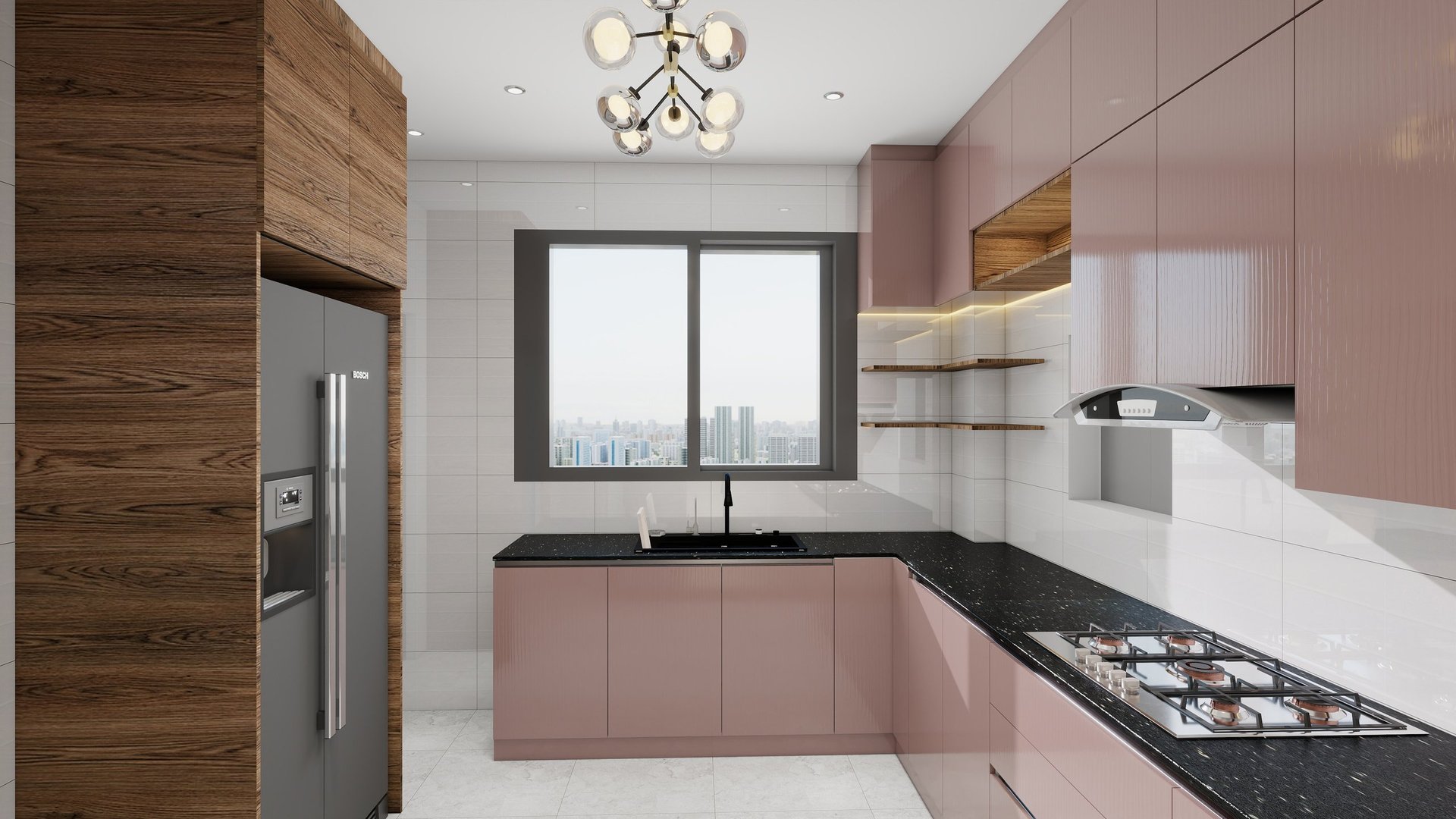 Modern kitchen with pink and white cabinetry, black countertops, stainless steel appliances, and wood accent wall