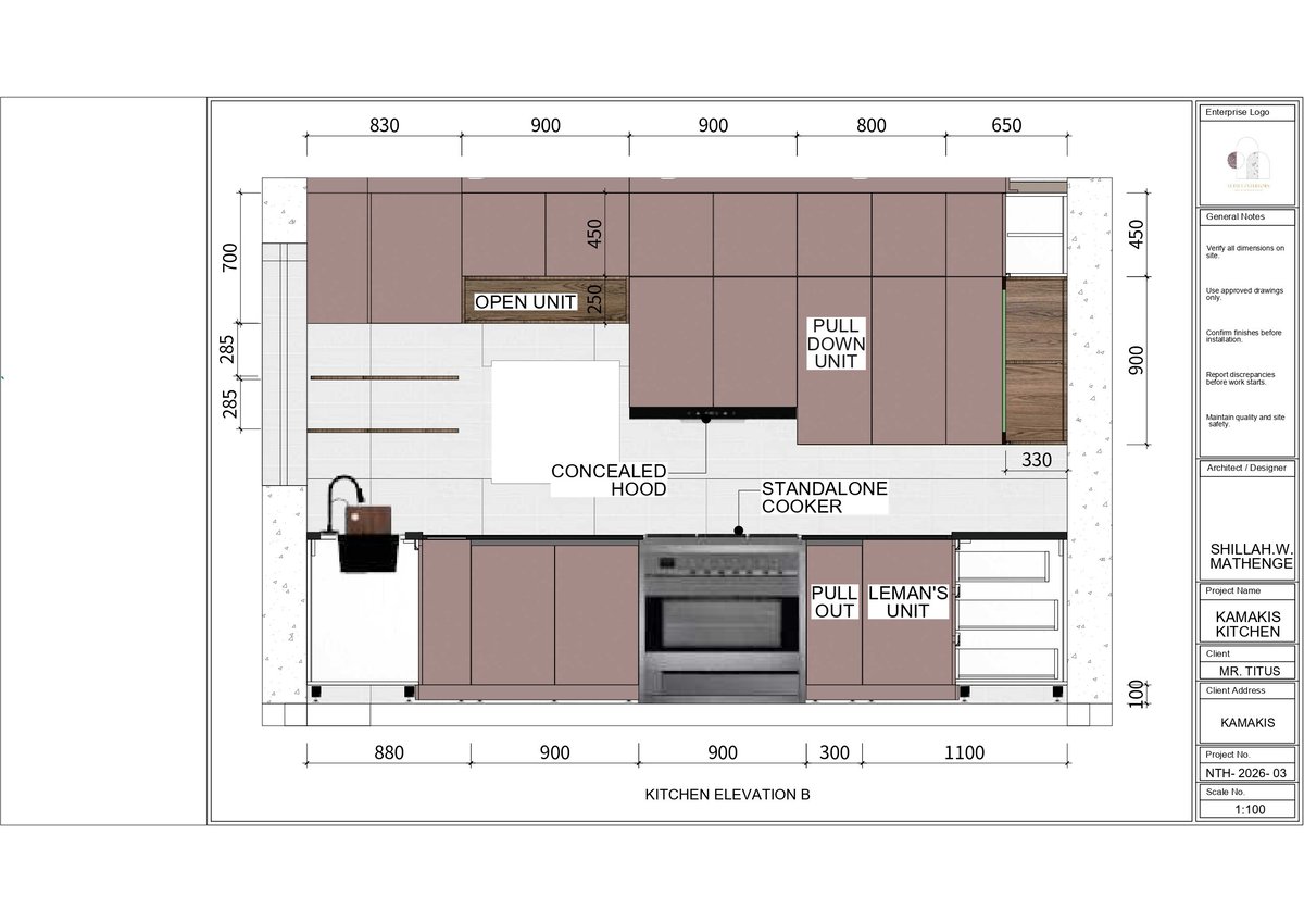 Kitchen floor plan and elevation showing layout with appliances, measurements, and design specifications.