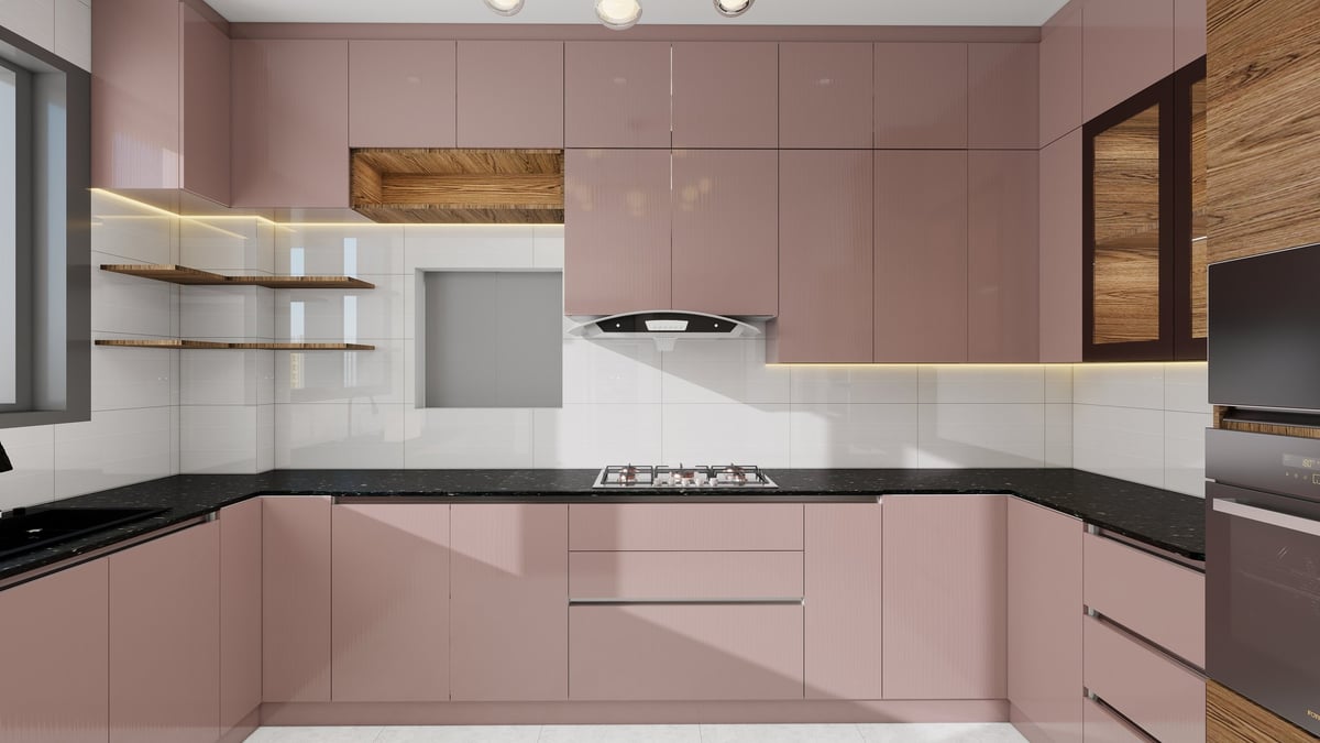 Modern kitchen design with pink cabinetry, black countertops, white tile backsplash, and wood accents