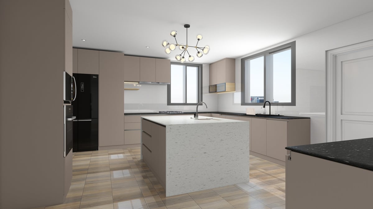 Modern kitchen with white center island, light wood cabinets, stainless steel appliances, and pendant lighting