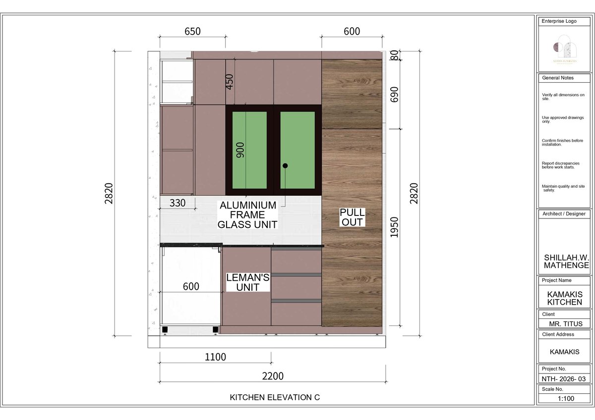 Kitchen elevation C floor plan showing aluminum frame glass unit, wall unit, and full height cabinets with dimensions and measurements