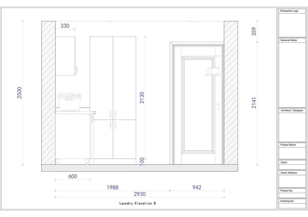 Architectural floor plan of a laundry room with dimensions and layouts showing fixtures and measurements