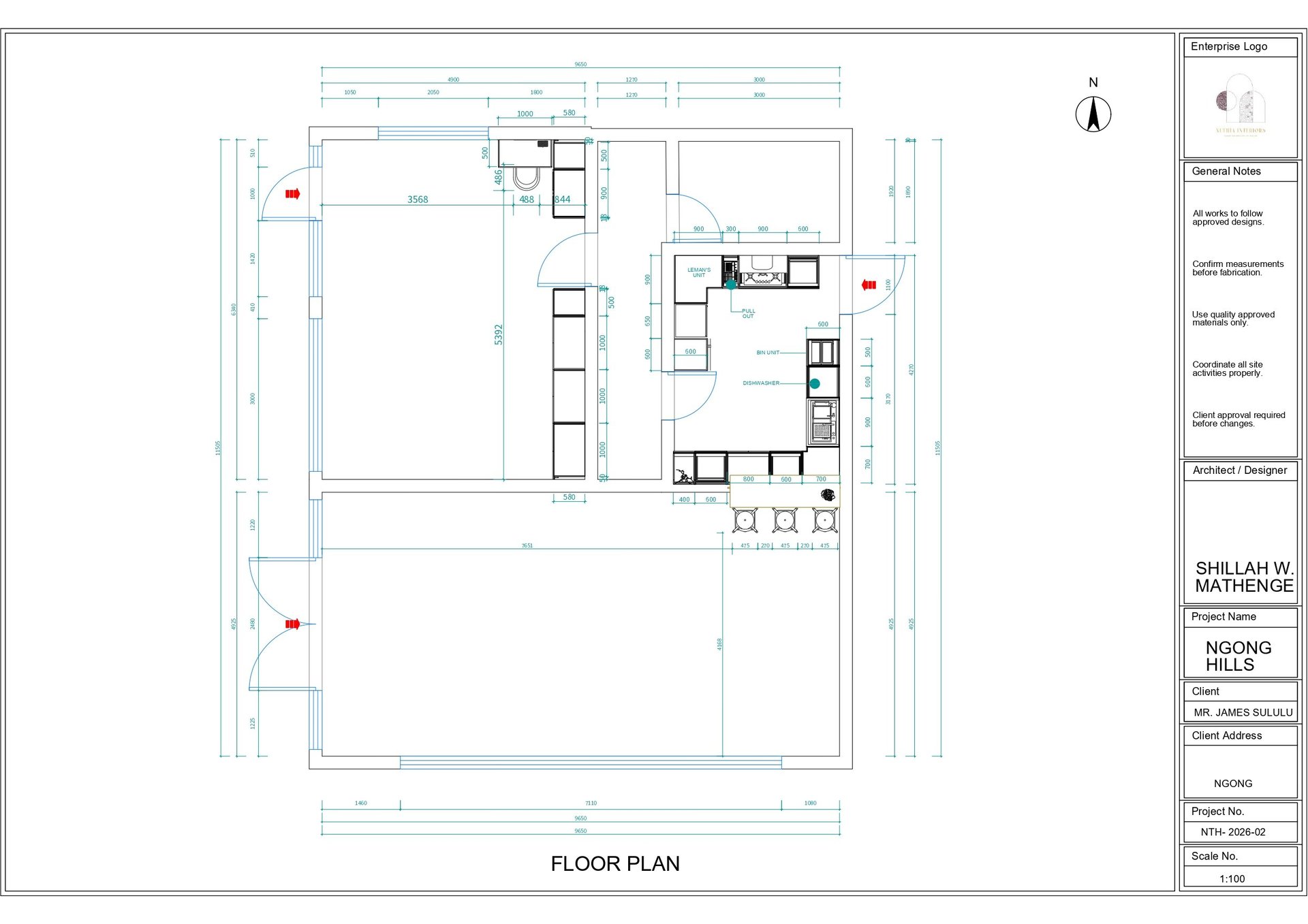 Architectural floor plan showing room layouts, walls, doors, and fixtures for a residential or commercial building.