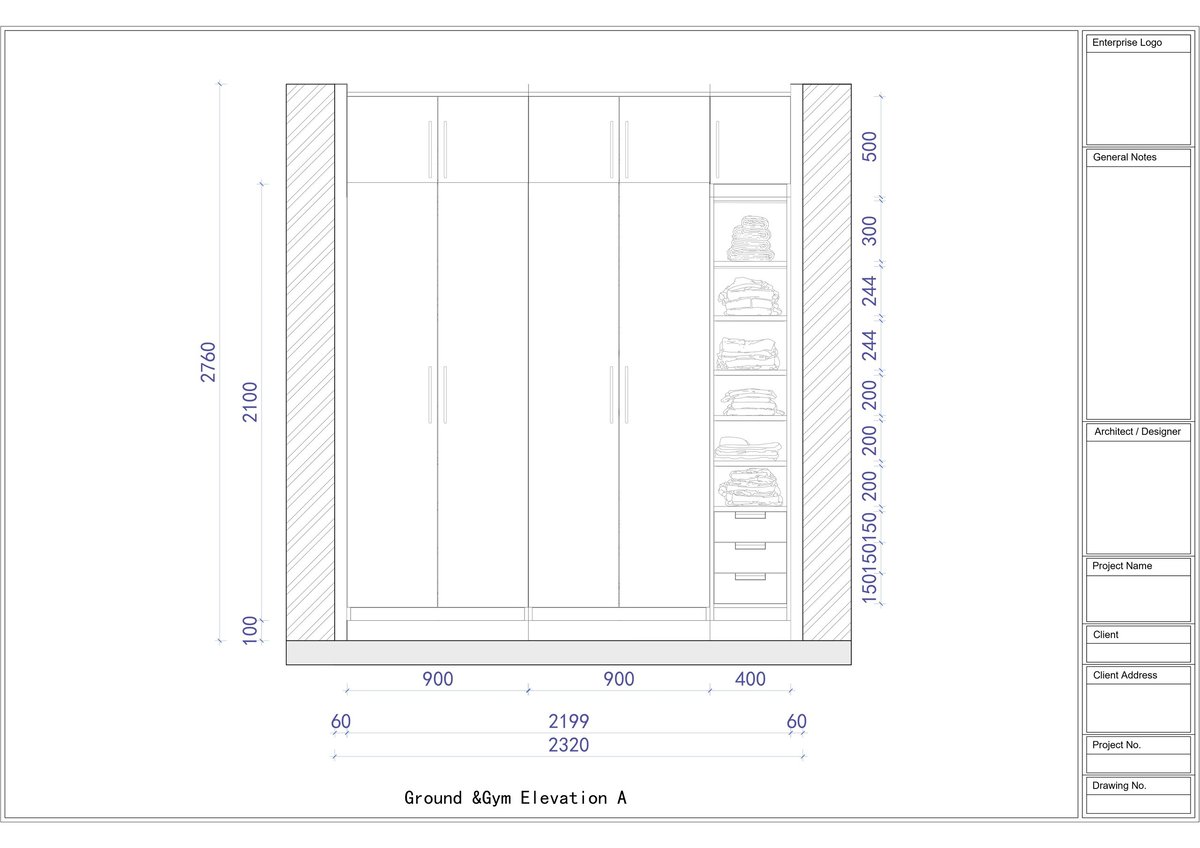 Architectural ground floor elevation drawing showing facade with grid pattern windows and vertical measurements in millimeters