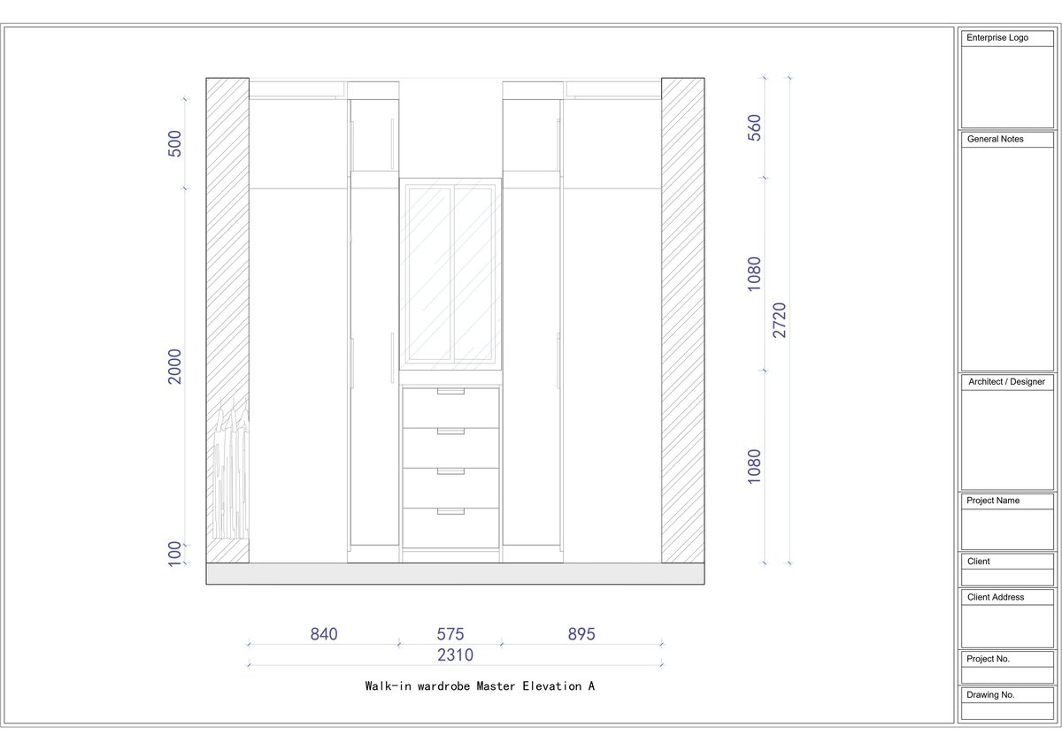 Built-in wardrobe front elevation architectural drawing with dimensions and storage compartment details