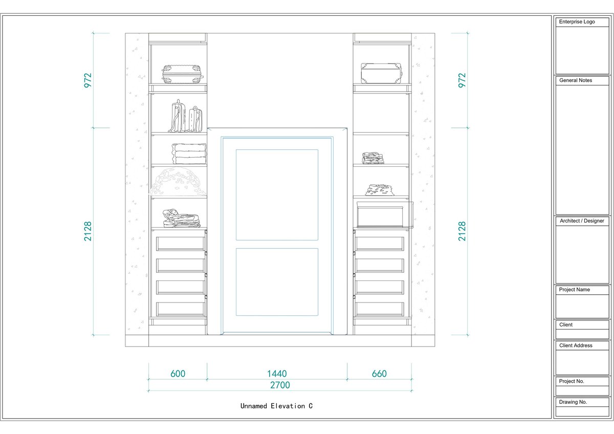 Architectural elevation drawing of a wall-mounted shelving unit with symmetrical storage compartments and a central door