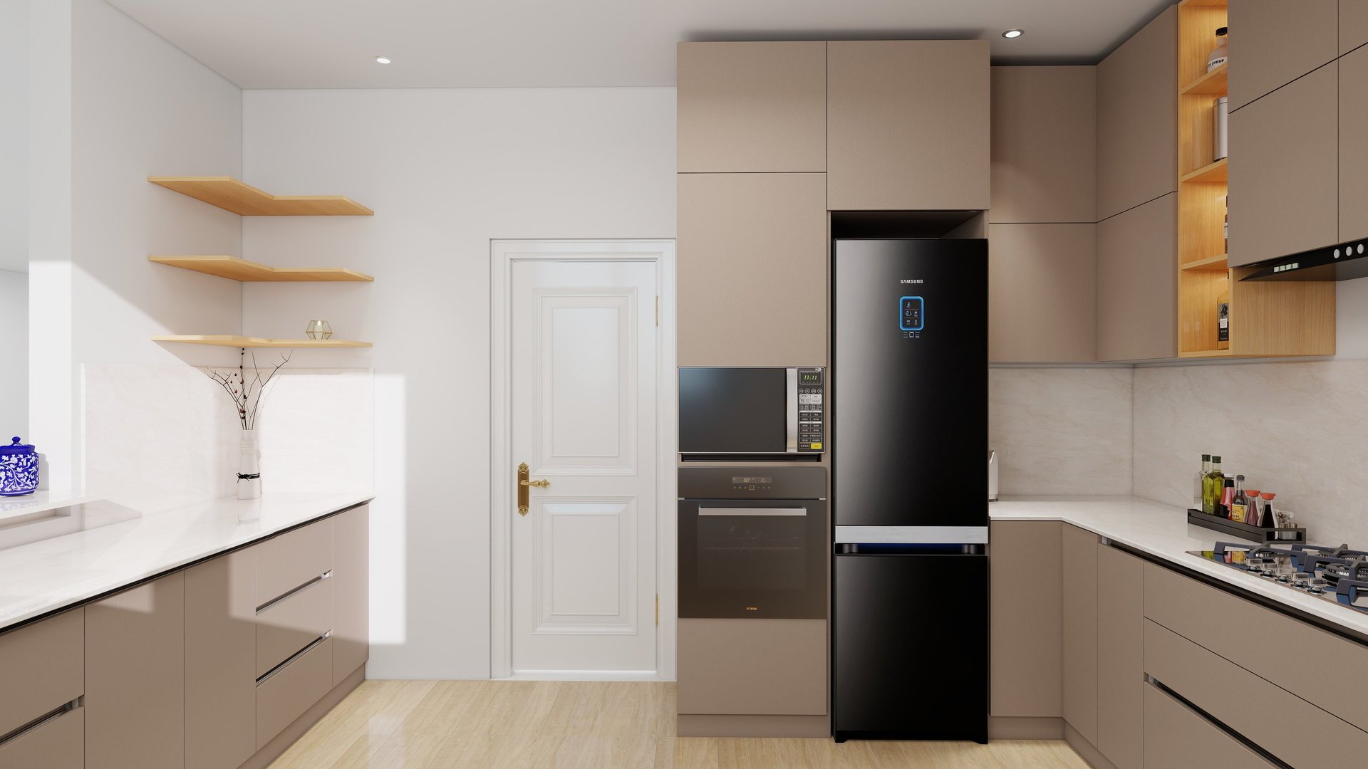 Modern kitchen with beige cabinetry, black refrigerator, wooden shelves, and light wood flooring