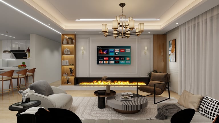 Modern living room with wall-mounted TV, fireplace, contemporary furniture, and elegant pendant lighting