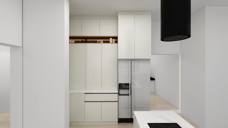 Modern minimalist kitchen with white cabinetry, stainless steel appliances, and clean lines in a contemporary interior design