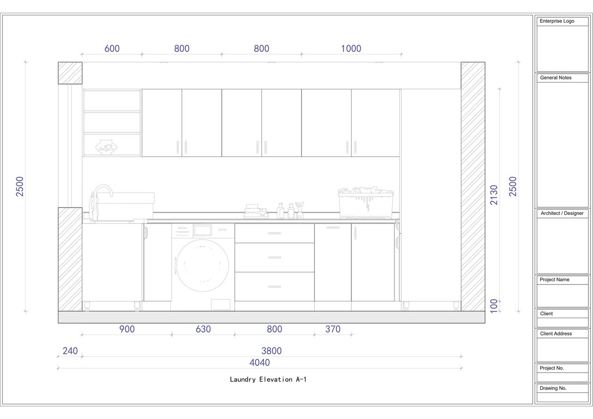 Architectural floor plan drawing showing laundry room layout with dimensions and equipment placement